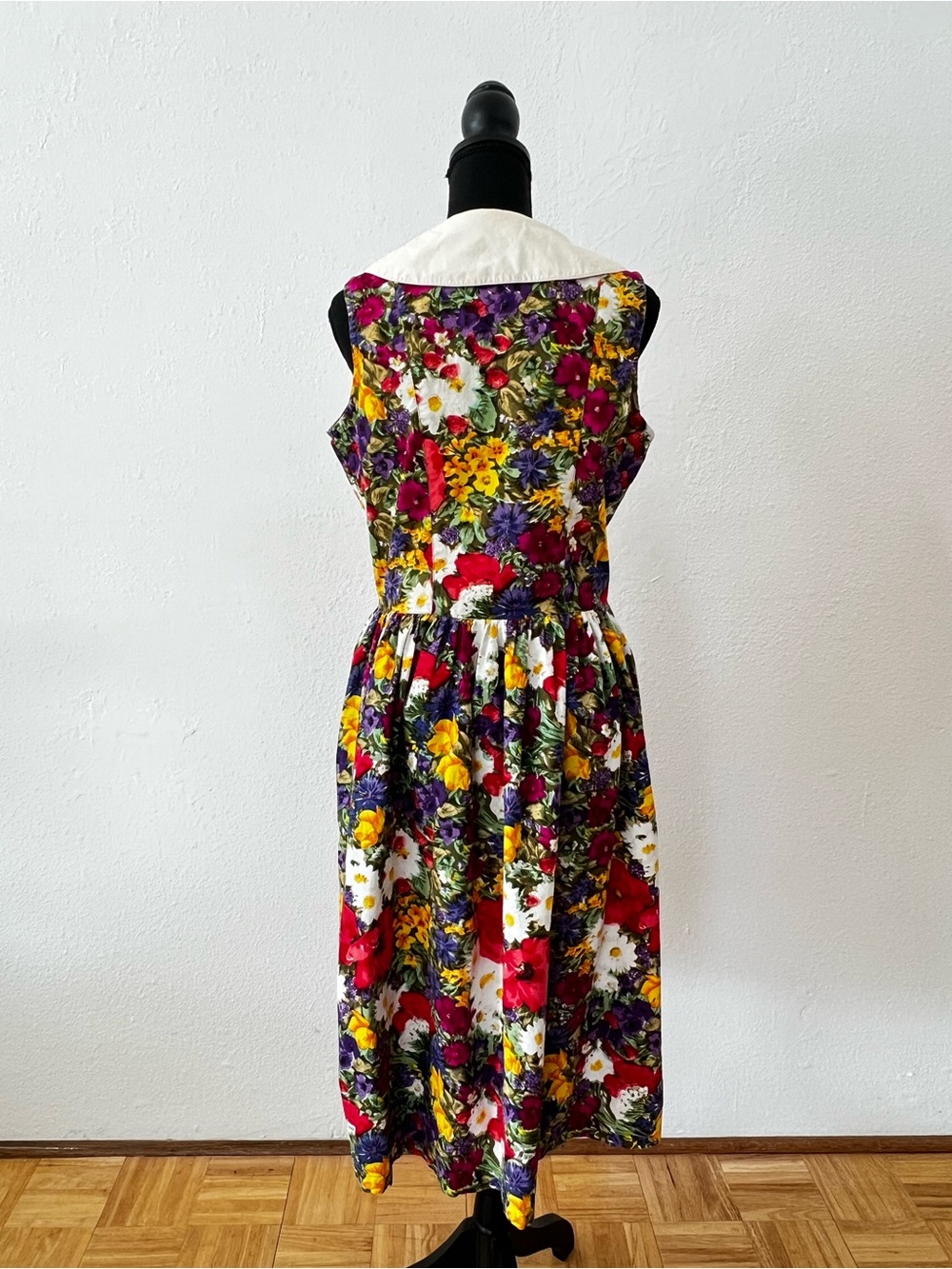 Vintage 80s 90s Whimsical Floral Sleeveless Dress Peterpan Collar Retro Large - Picture 4 of 5